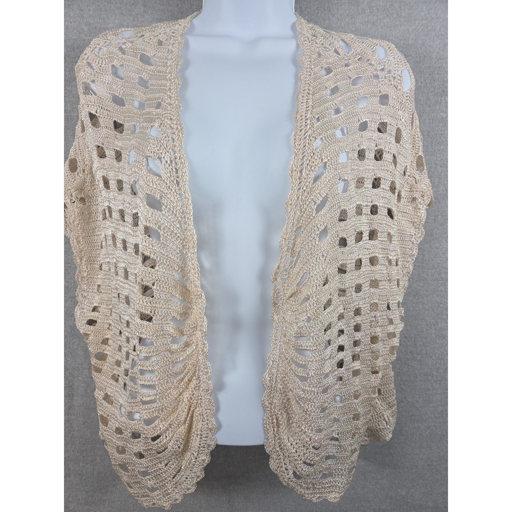Bette Sung Ivory Sweater Shrug L Open Crochet Sleeveless Dressy Boho Cottagecore